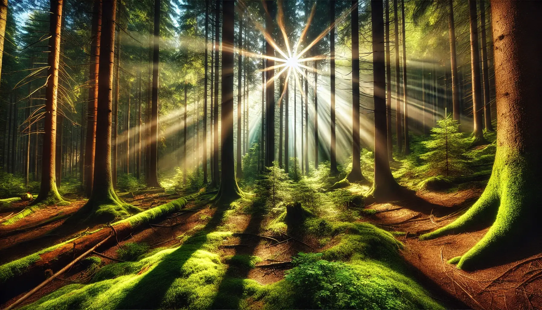 Forest Sun Rays Morning Scene Wallpaper