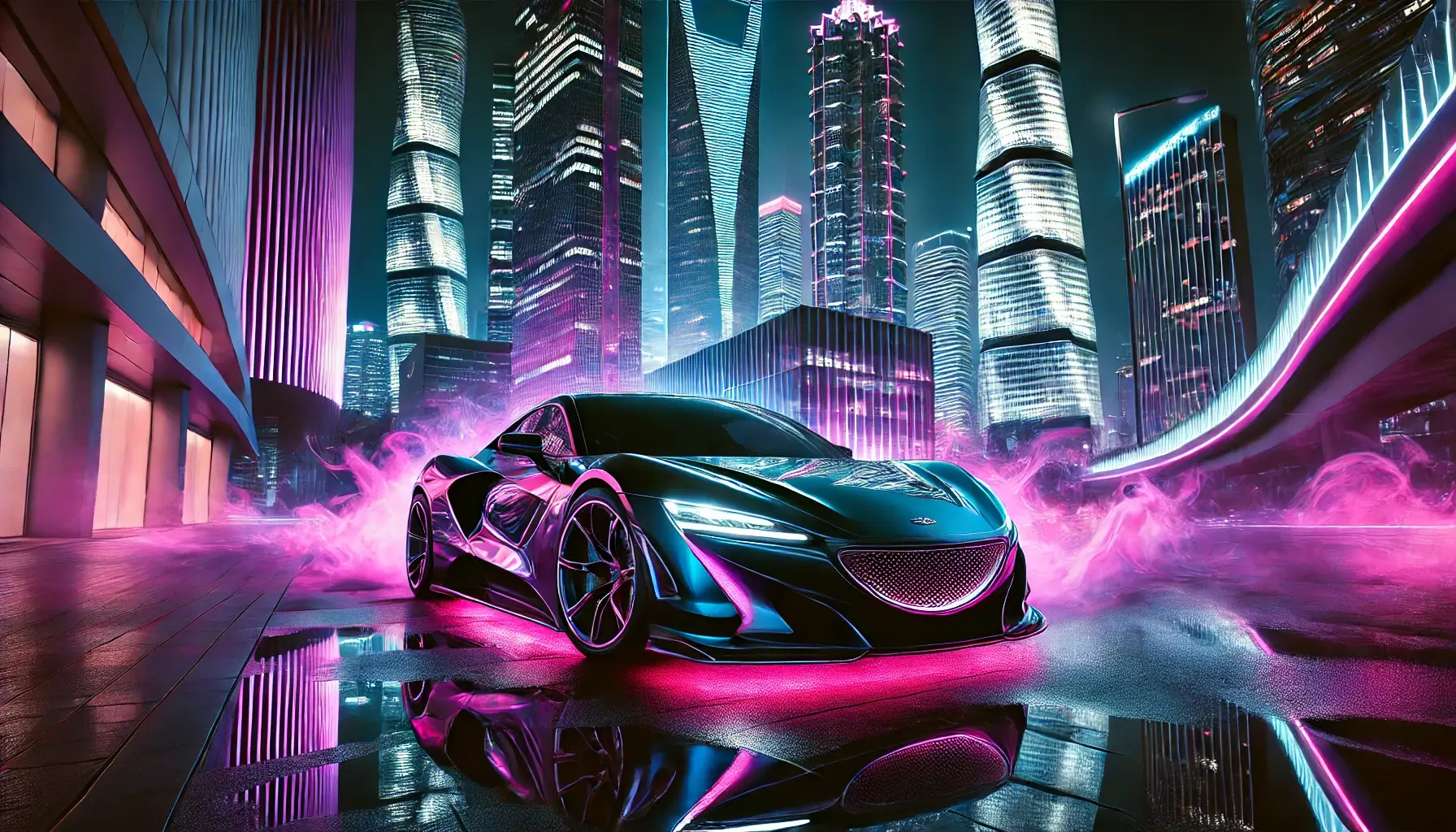 4K Sports Car Neon City Wallpaper