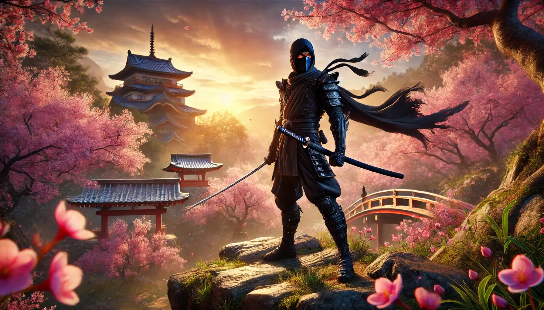 4K Ninja Wallpaper with Japanese Landscape and Cherry Blossoms