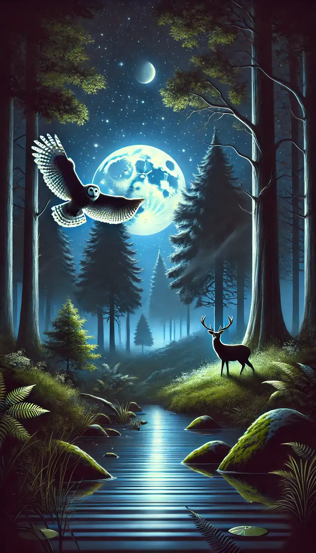 Night Forest with Owl and Deer in 4K Ultra