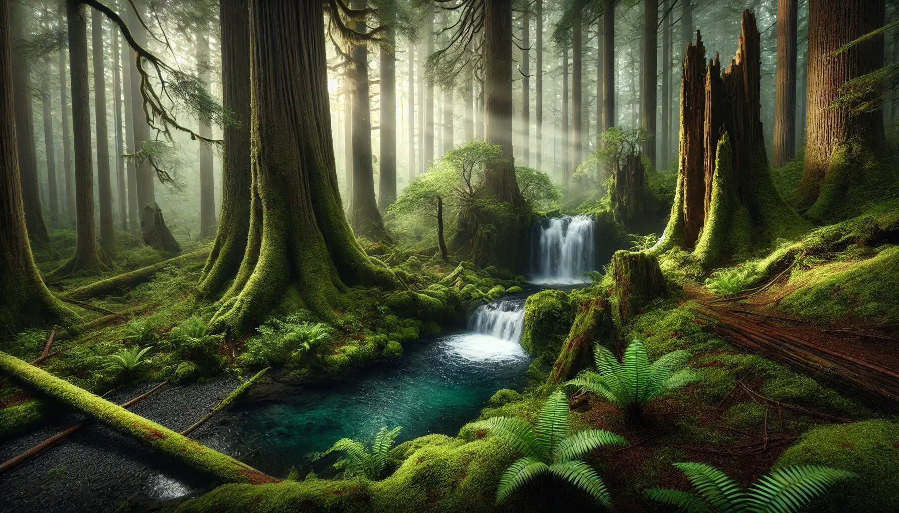 Mystical Forest Scene with Tall Ancient Trees