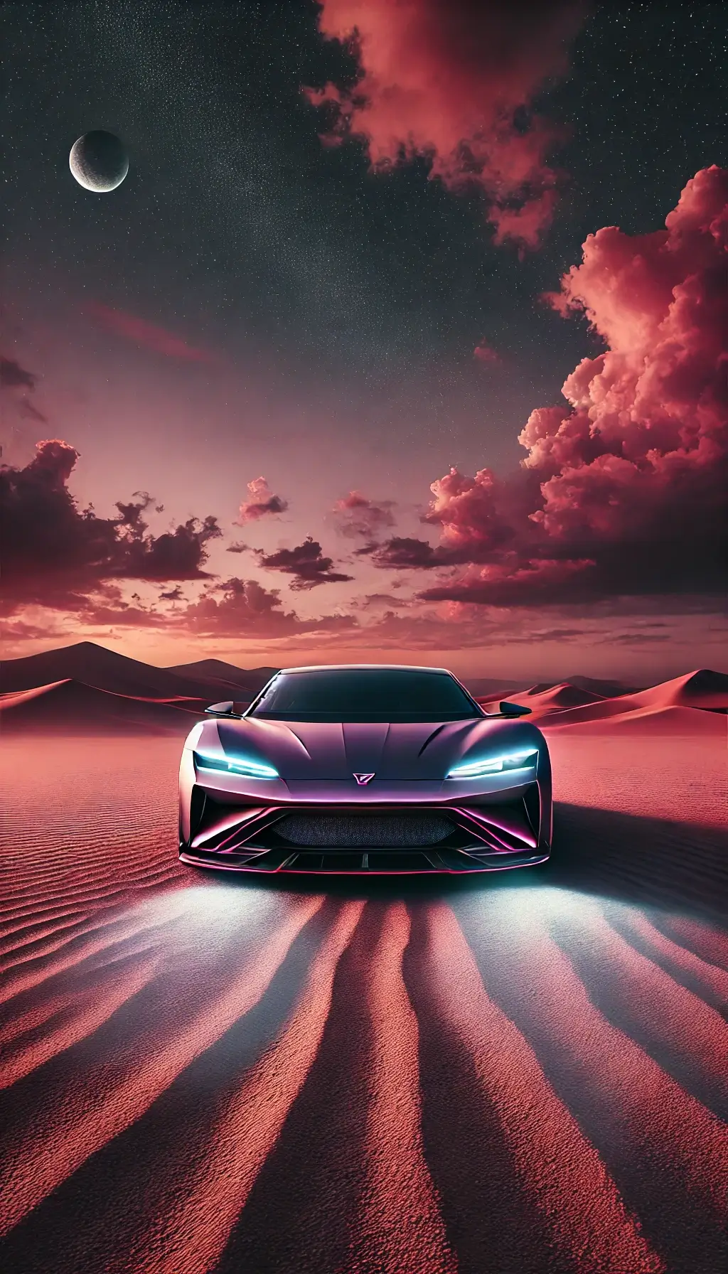 Futuristic Car in Dark Pink Sandscape Under Moon