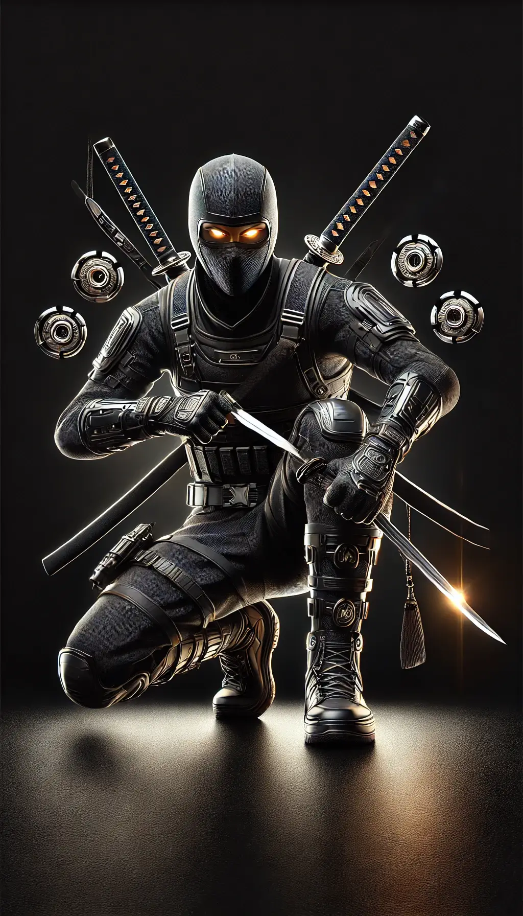 Action Ready Ninja with Glowing Details on Black Background