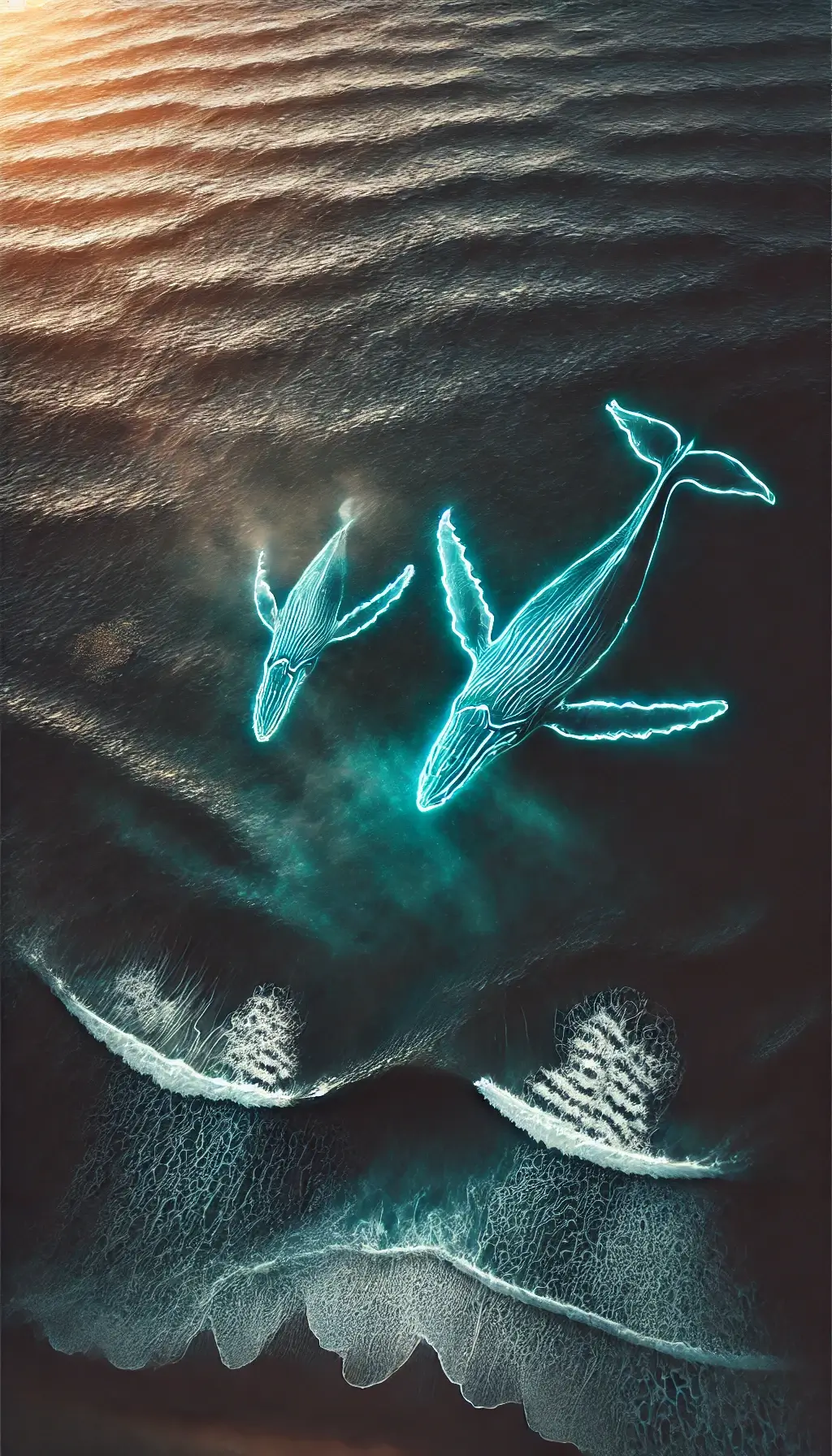 Aerial View of Dark Ocean with Glowing Whales