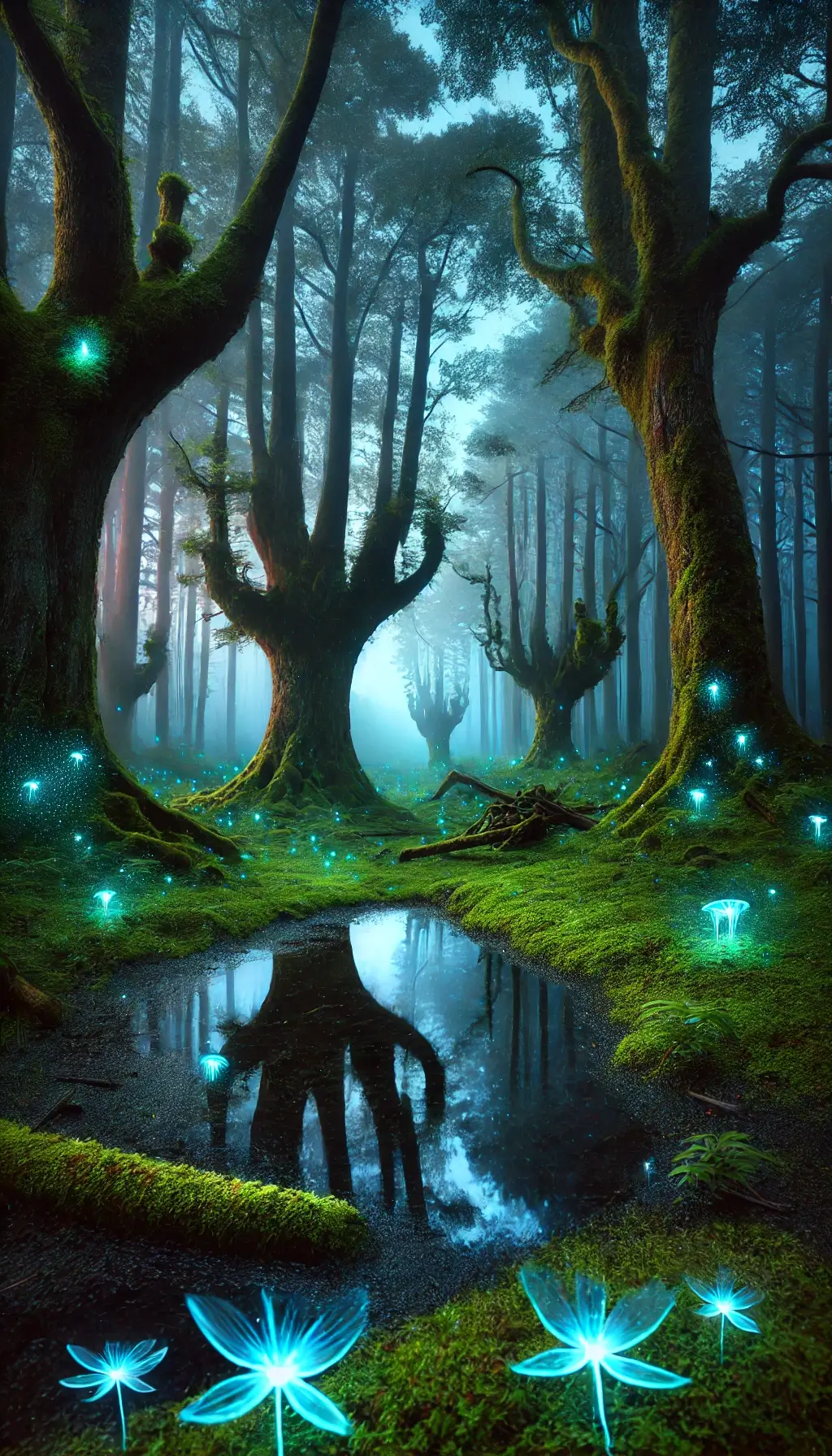 Ancient Mystical Forest at Twilight with Bioluminescent Plants and Fog