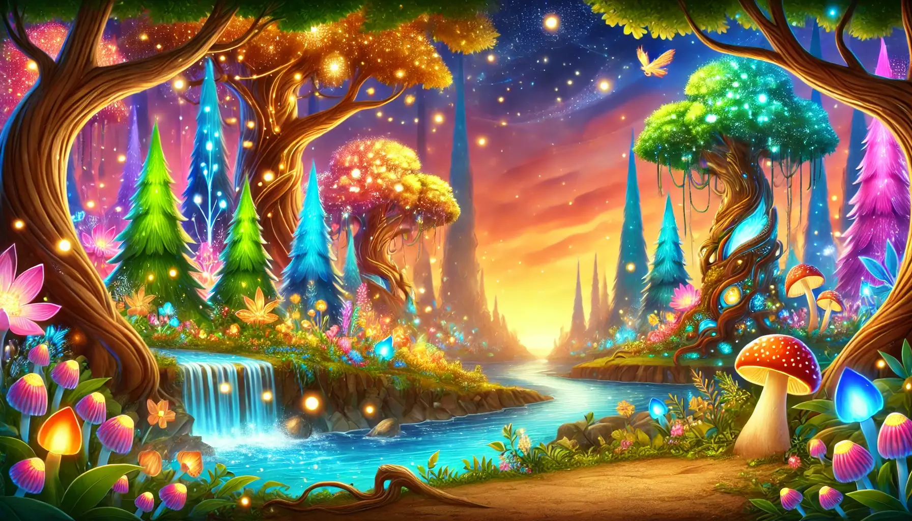 Fantasy Enchanted Forest at Sunset