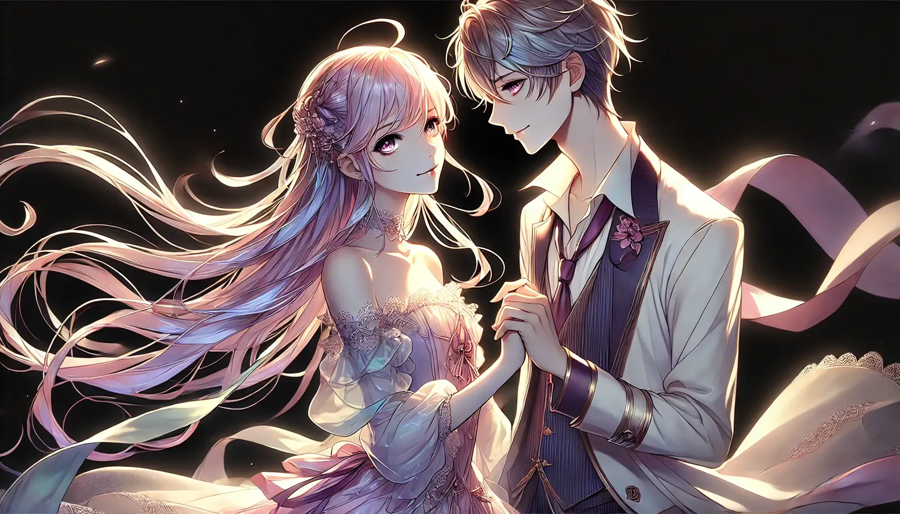 Anime Couple in Love on Black Background