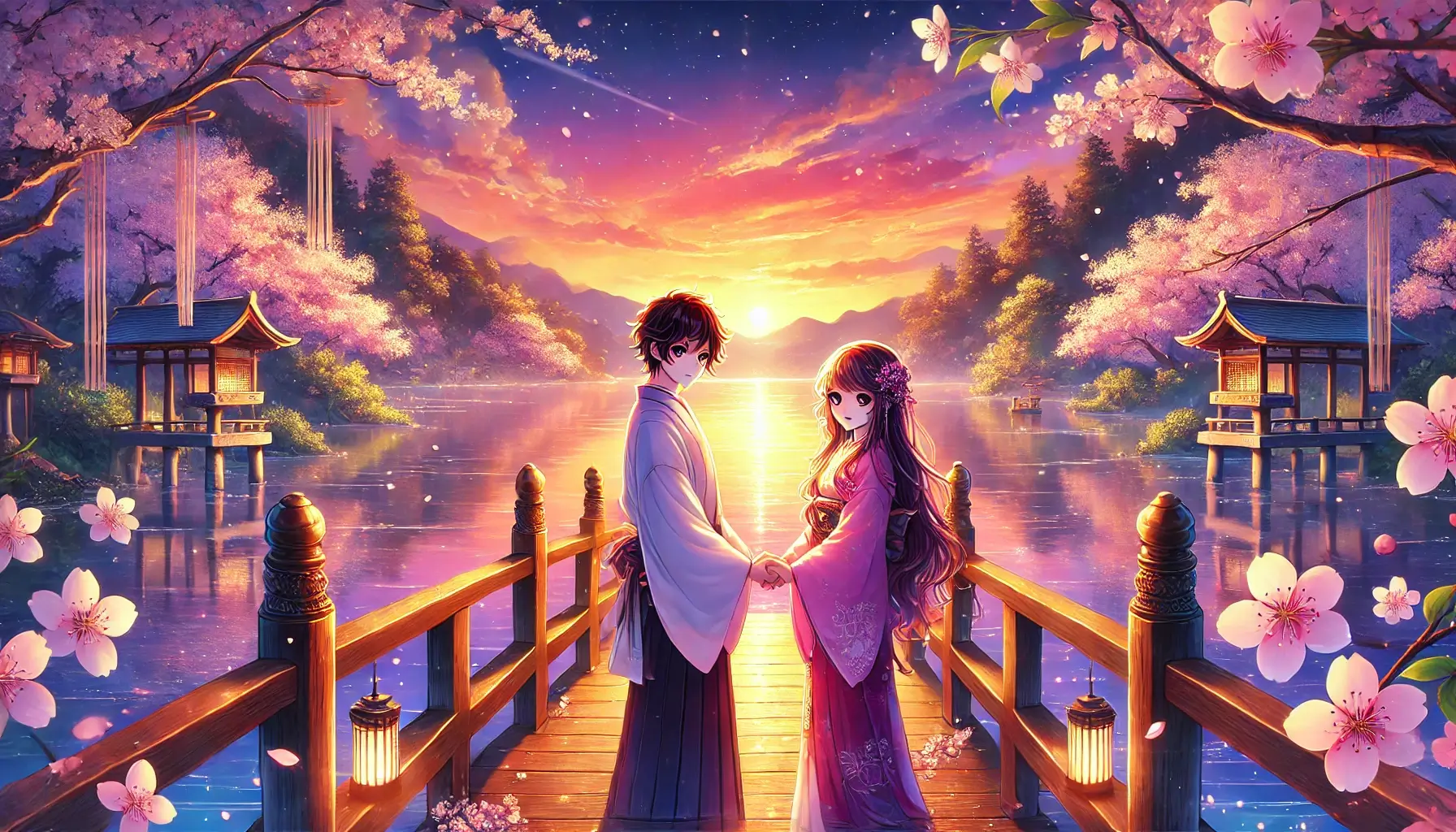 Anime Romantic Sunset Couple Cherry Blossom Scene