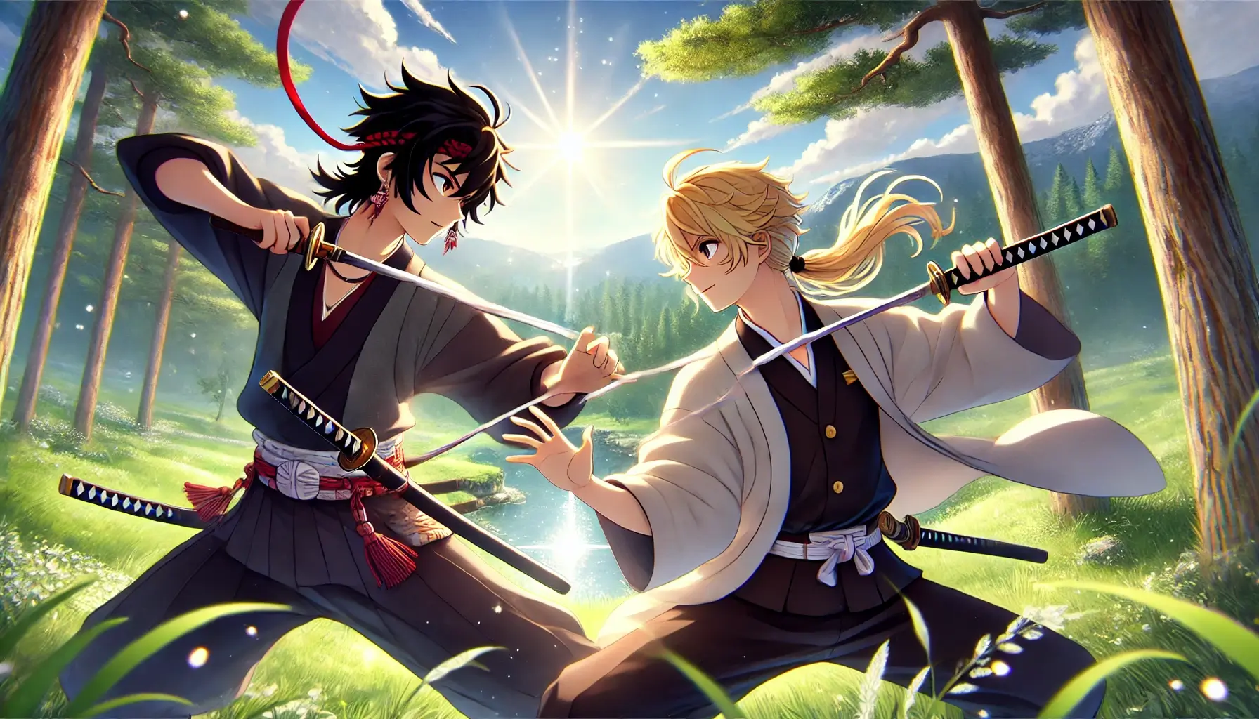 Anime Wallpaper 4K Best Friends Practicing with Katanas in a Serene Forest