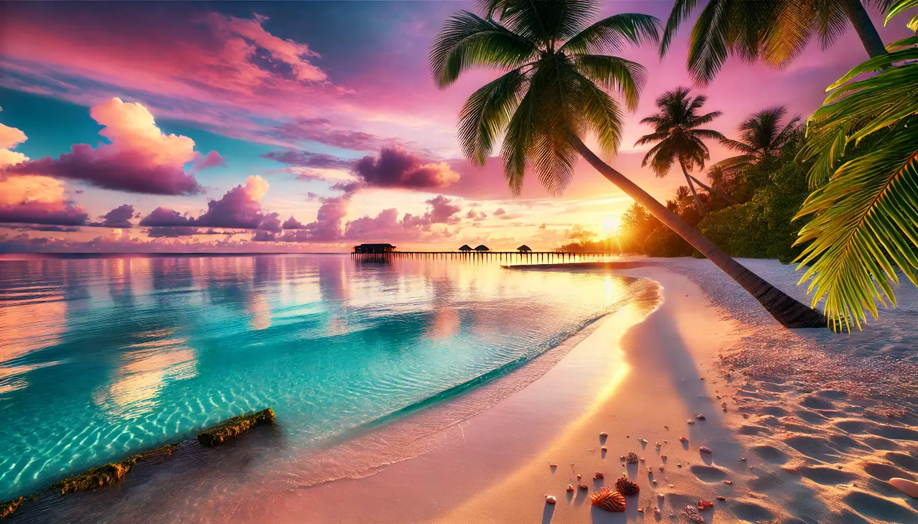 Beach Sunrise with Turquoise Waters and Palm Trees