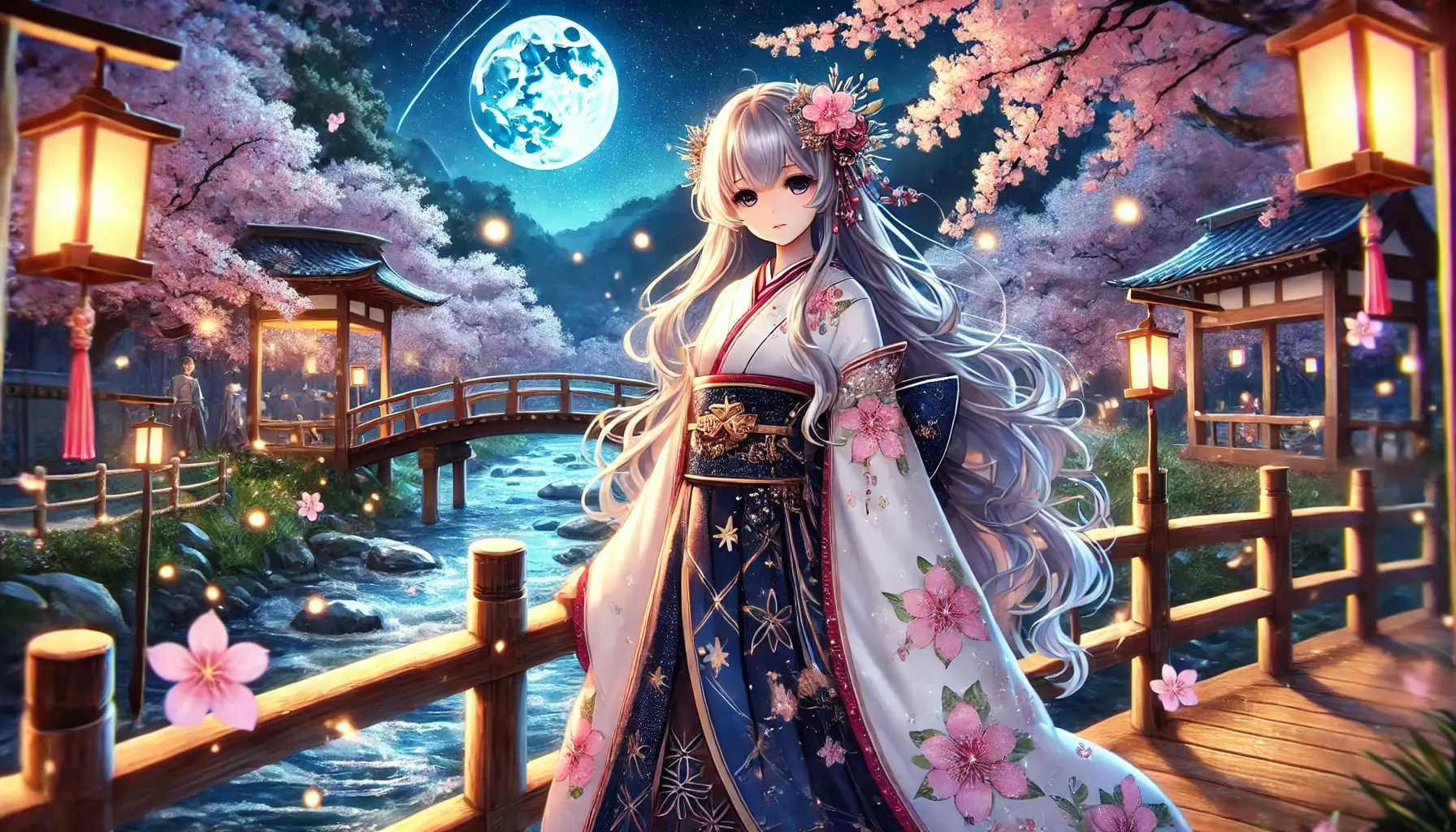 Anime Character with Cherry Blossoms in Moonlight