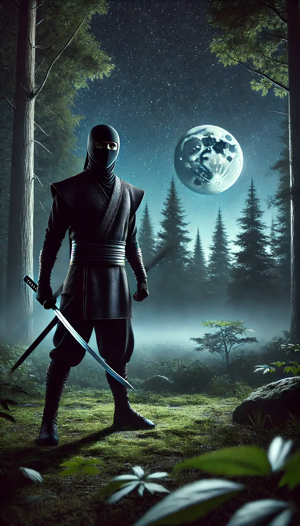 Beautiful Ninja in a Moonlit Forest Wallpaper