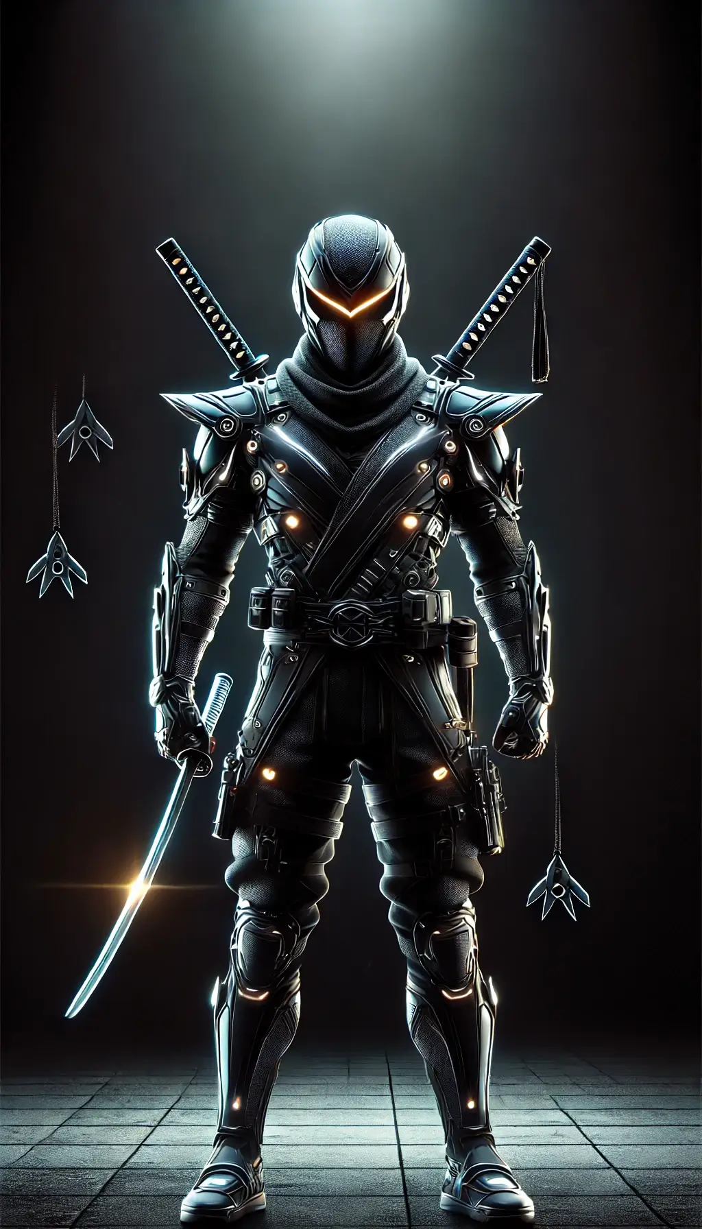 Black Background Ninja with Glowing Eyes and Tactical Gear