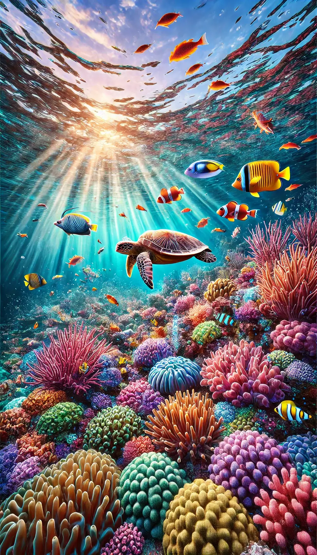 Breathtaking Underwater Coral Reef Wallpaper with Tropical Fish and Sunlight