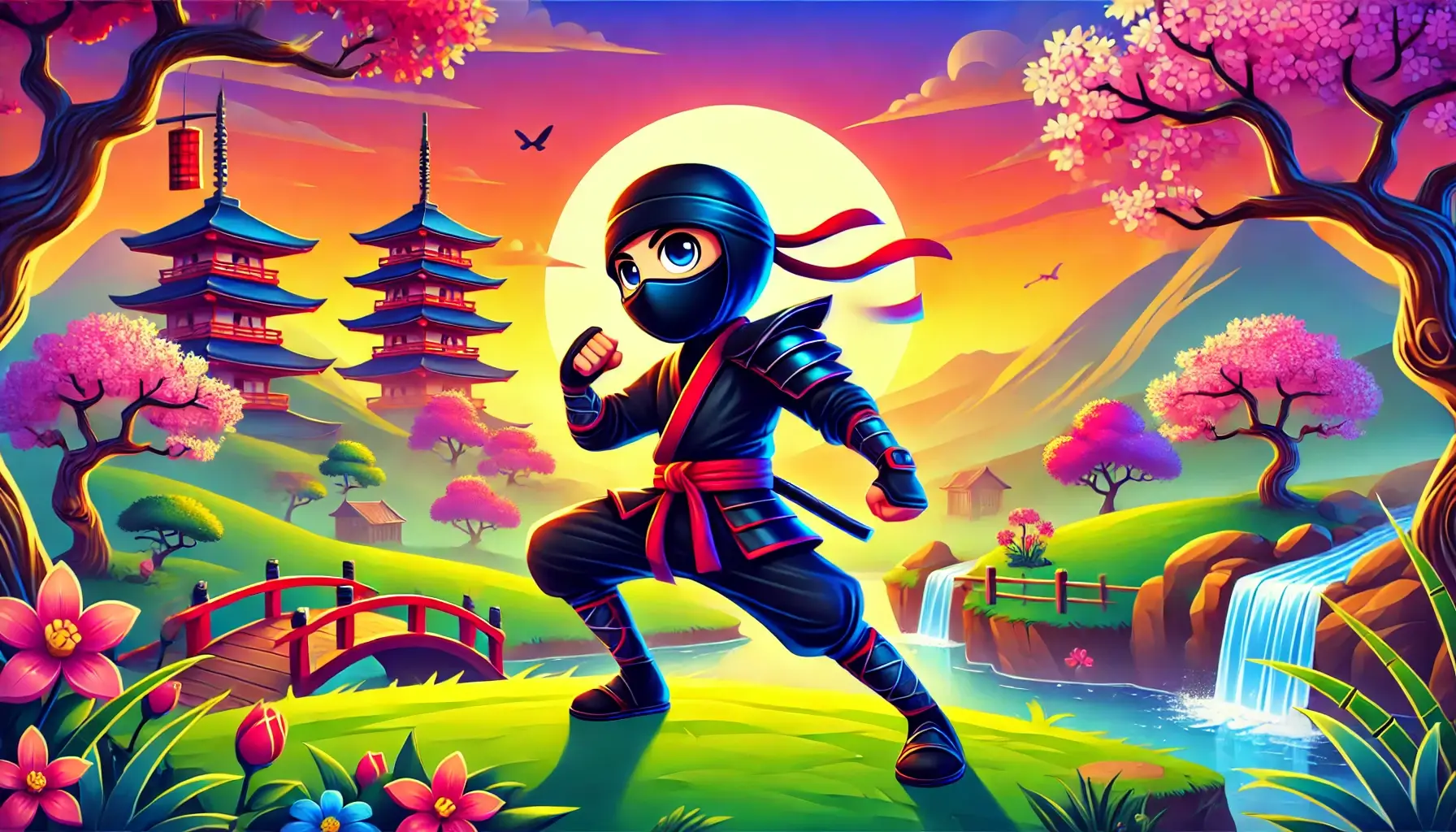 Cartoon Ninja and Scenic Landscape