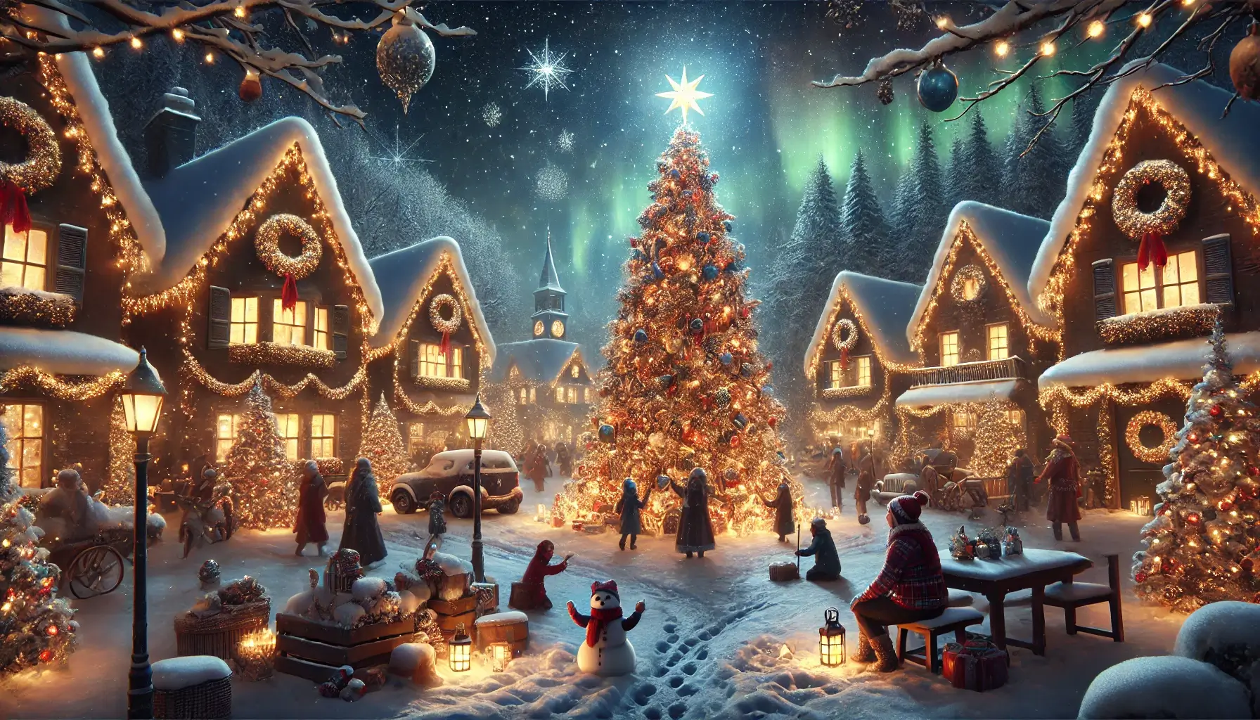 Christmas Night View Snowy Village Festive Tree HD 4K Wallpaper