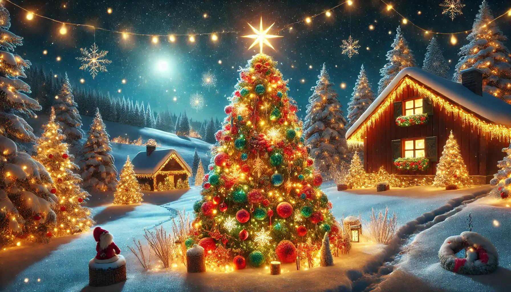 Christmas Night Wallpaper Decorated Tree Snowy Landscape