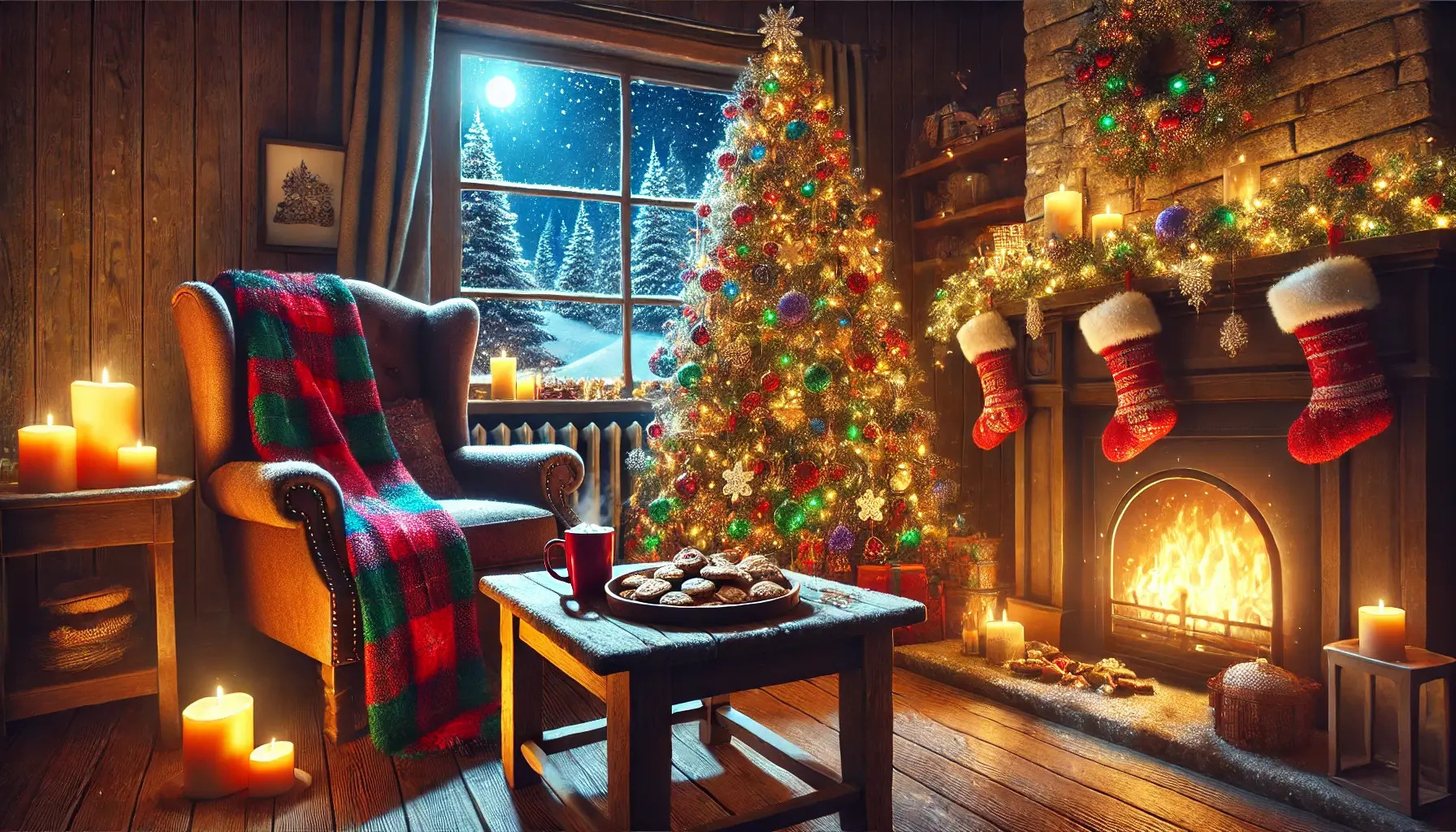 Cozy Christmas Scene with Tree, Fireplace, Gifts, and Snowy View