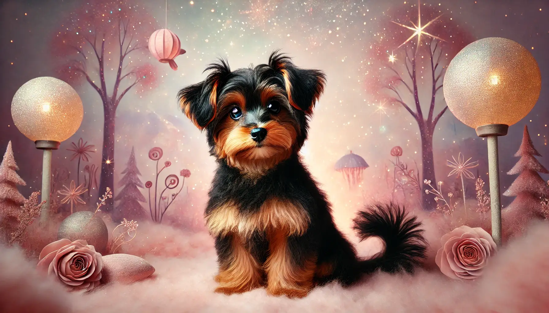 Cute Dog in Dark Pink Fantasy Scene