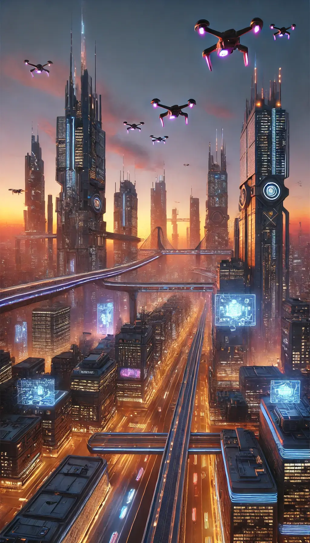 Cyberpunk City Skyline at Dusk with Futuristic Neon Lights