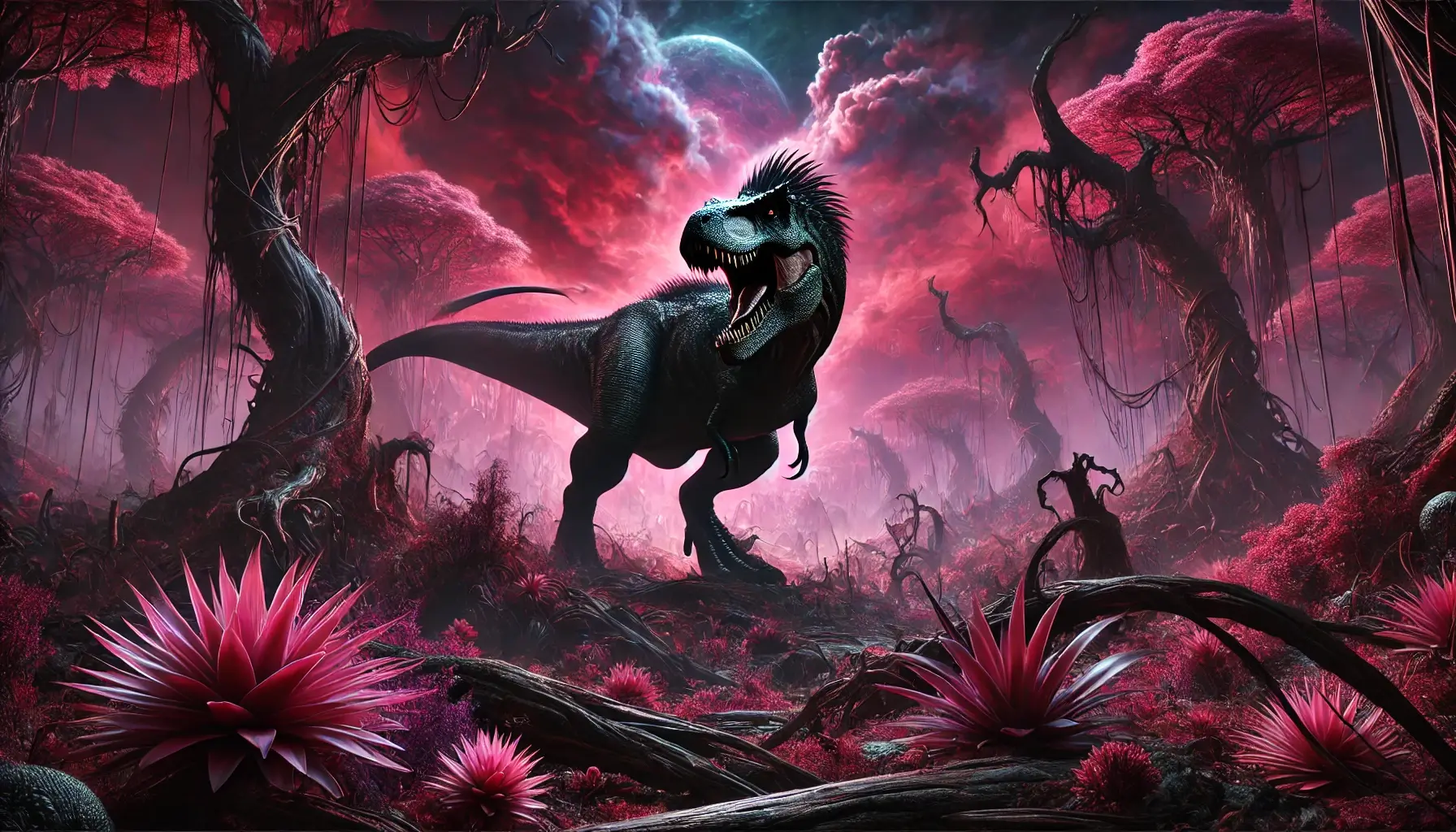 Dangerous Dinosaur in Dark Pink Forest