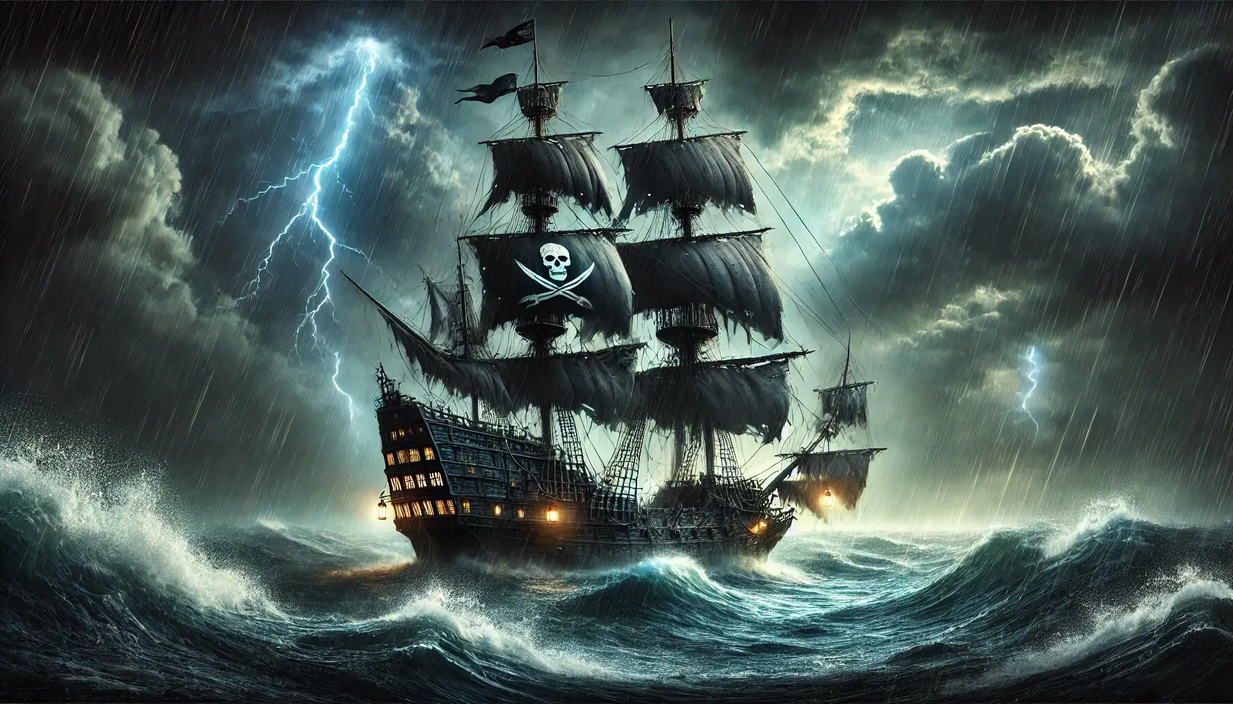 Dangerous Pirate Ship in Stormy Ocean