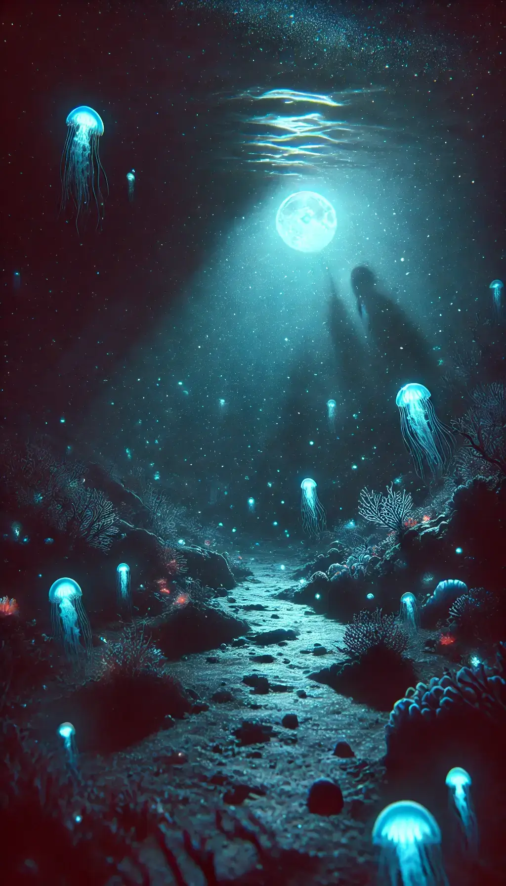 Deep Sea Jellyfish in Moonlight Glowing Underwater in 4K