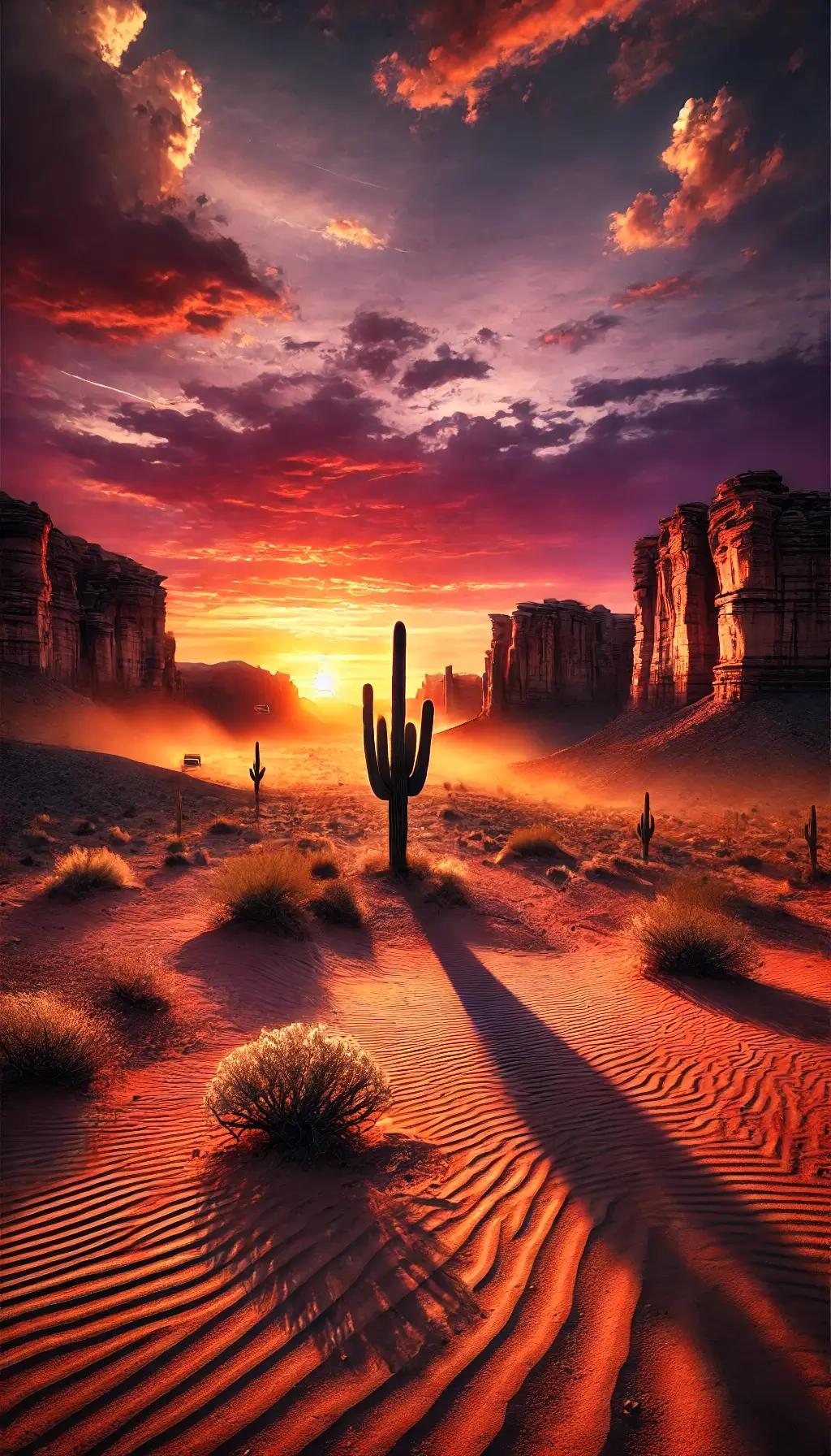 Desert Landscape at Sunset with Sandstone and Cactus