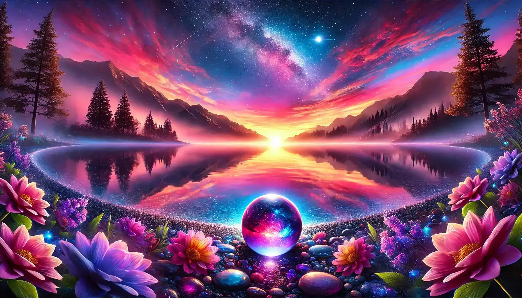 Dreamlike Lake at Sunset with Magical Orb