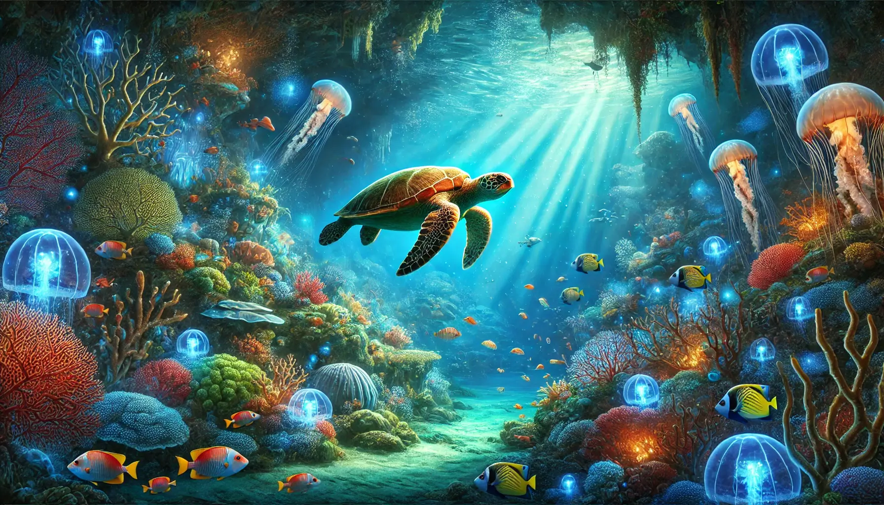 Enchanted Underwater World with Glowing Coral and Sea Turtle