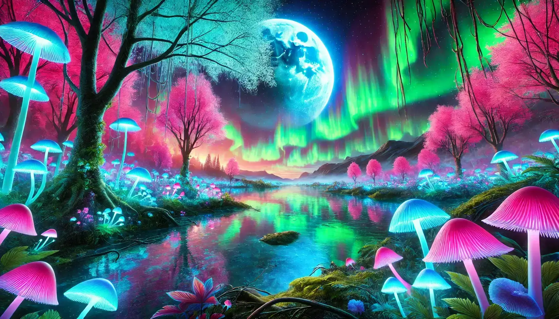 Enchanting Aurora Over Lake with Glowing Flora