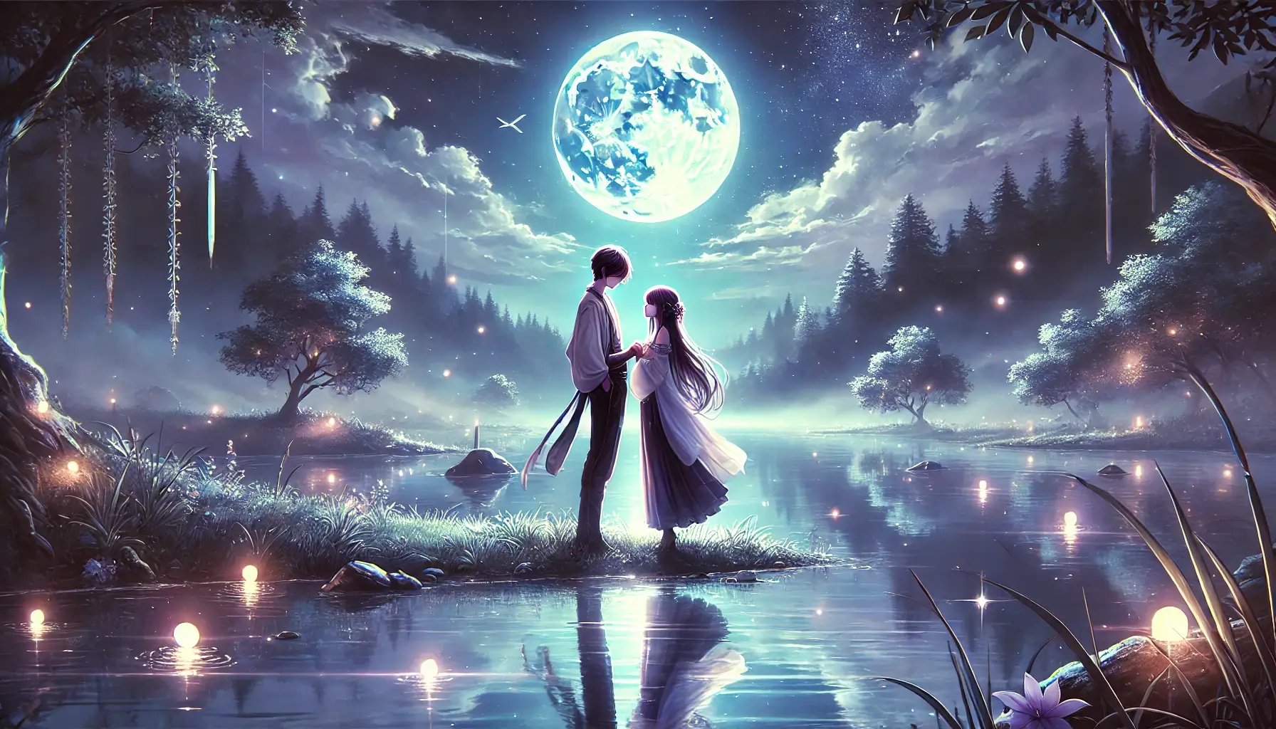 Anime Romance by the Lake at Night