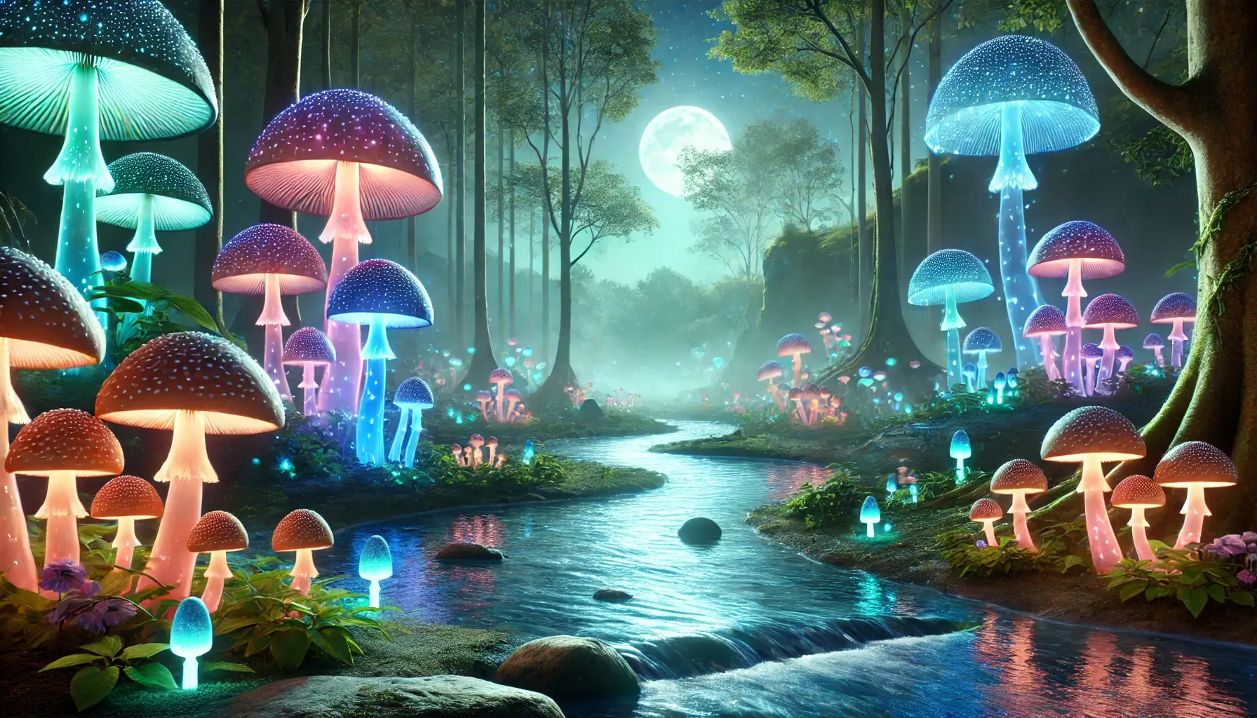 Fantasy Forest with Glowing Mushrooms and Mystical River