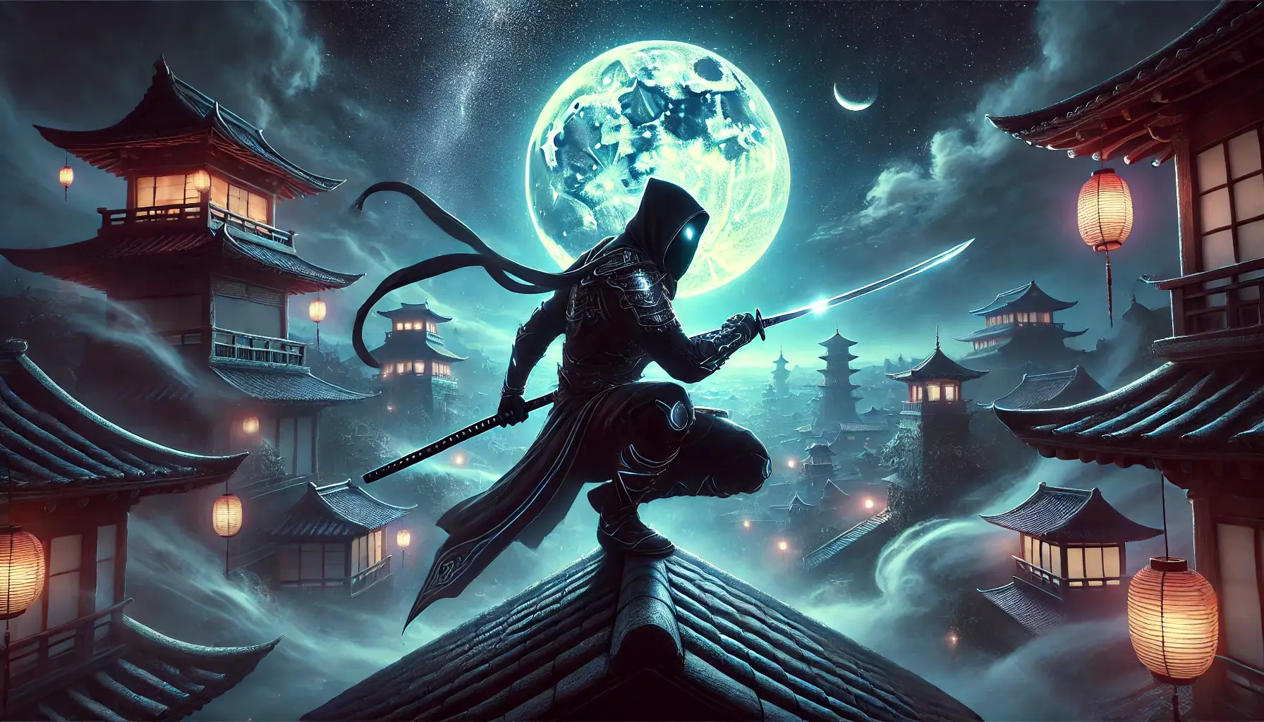 Ninja on a Rooftop at Night