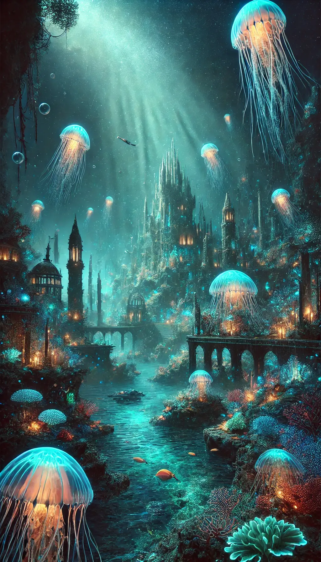 Fantasy Underwater City with Glowing Sea Creatures Deep Ocean Wallpaper