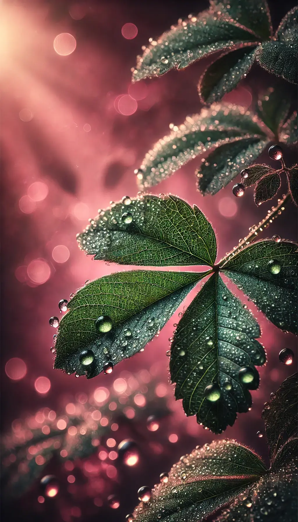 Fresh Dew on Leaf with Dark Pink Background