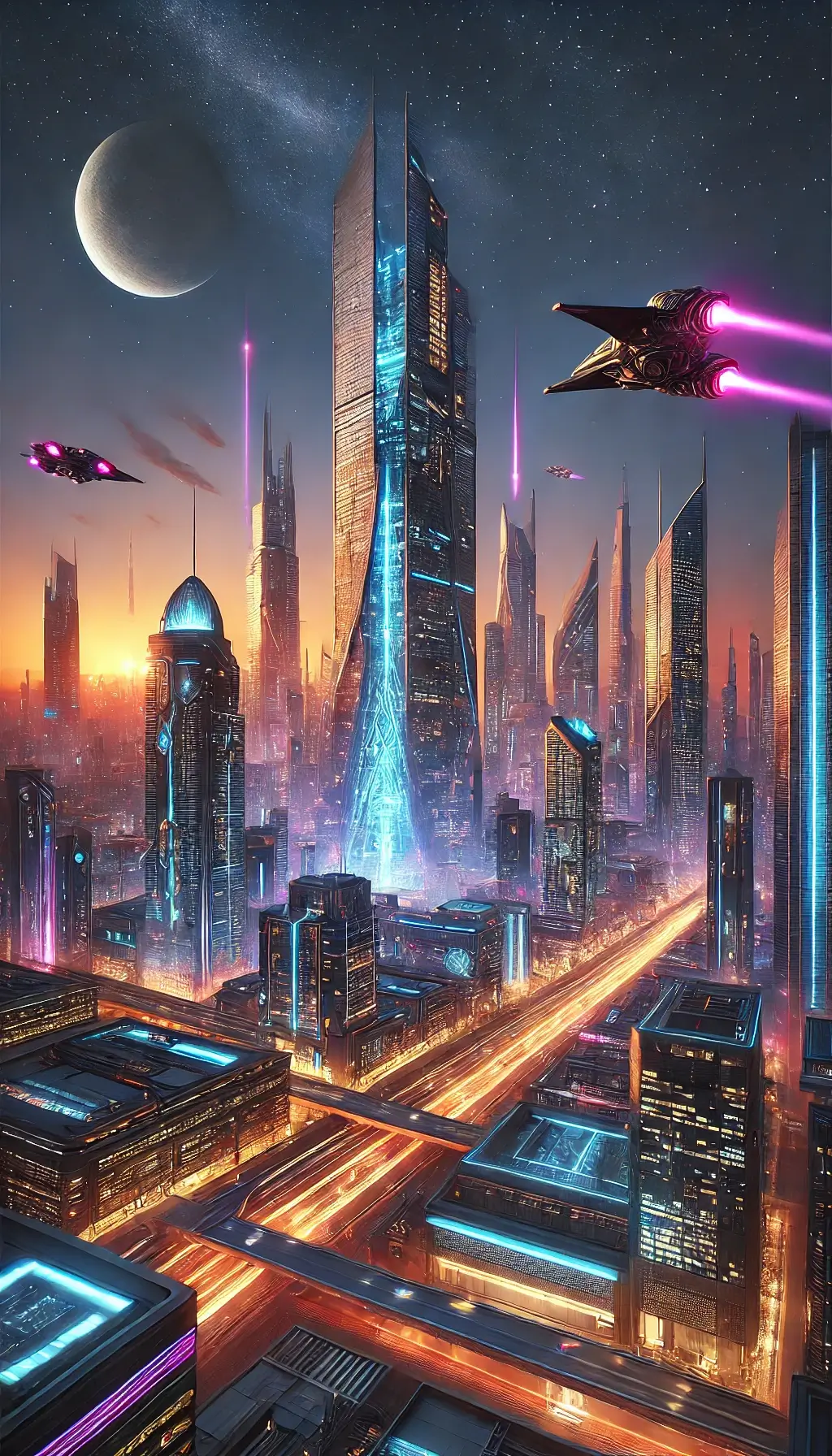 Futuristic Cityscape at Dusk with Neon Lights