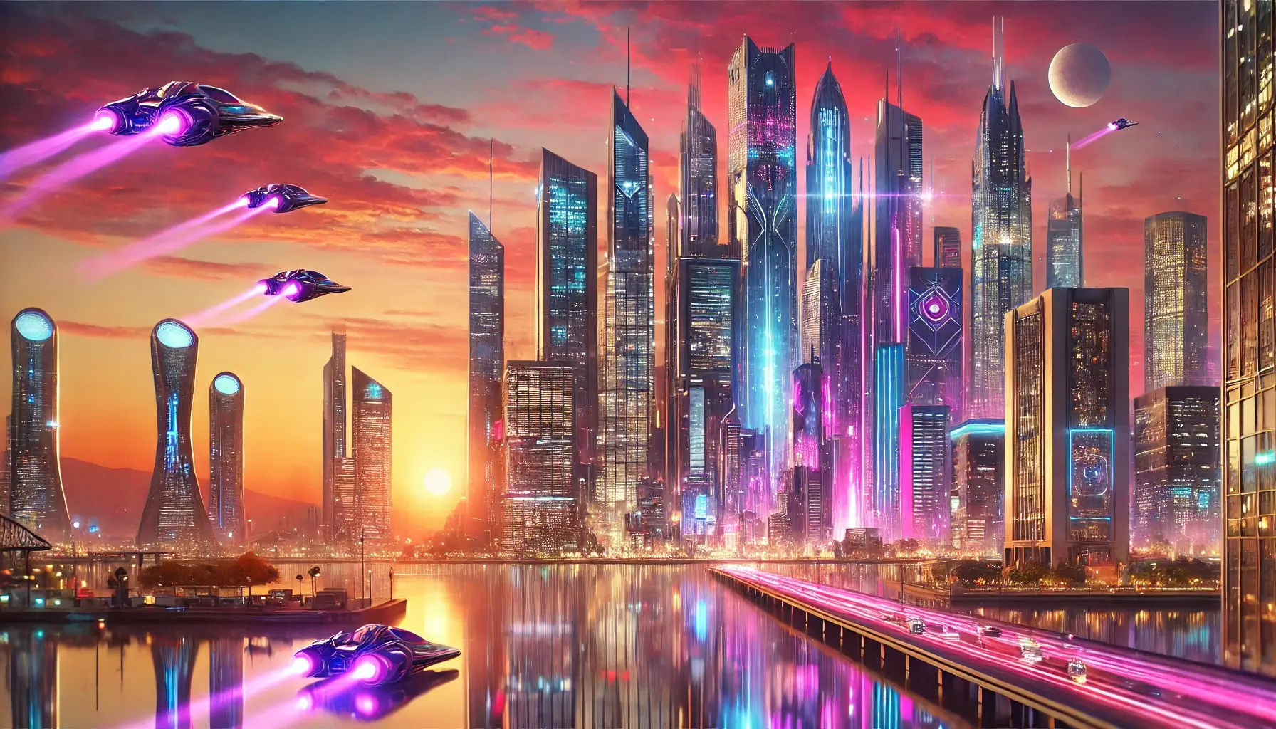 Futuristic Cityscape at Sunset with Skyscrapers and Neon Lights