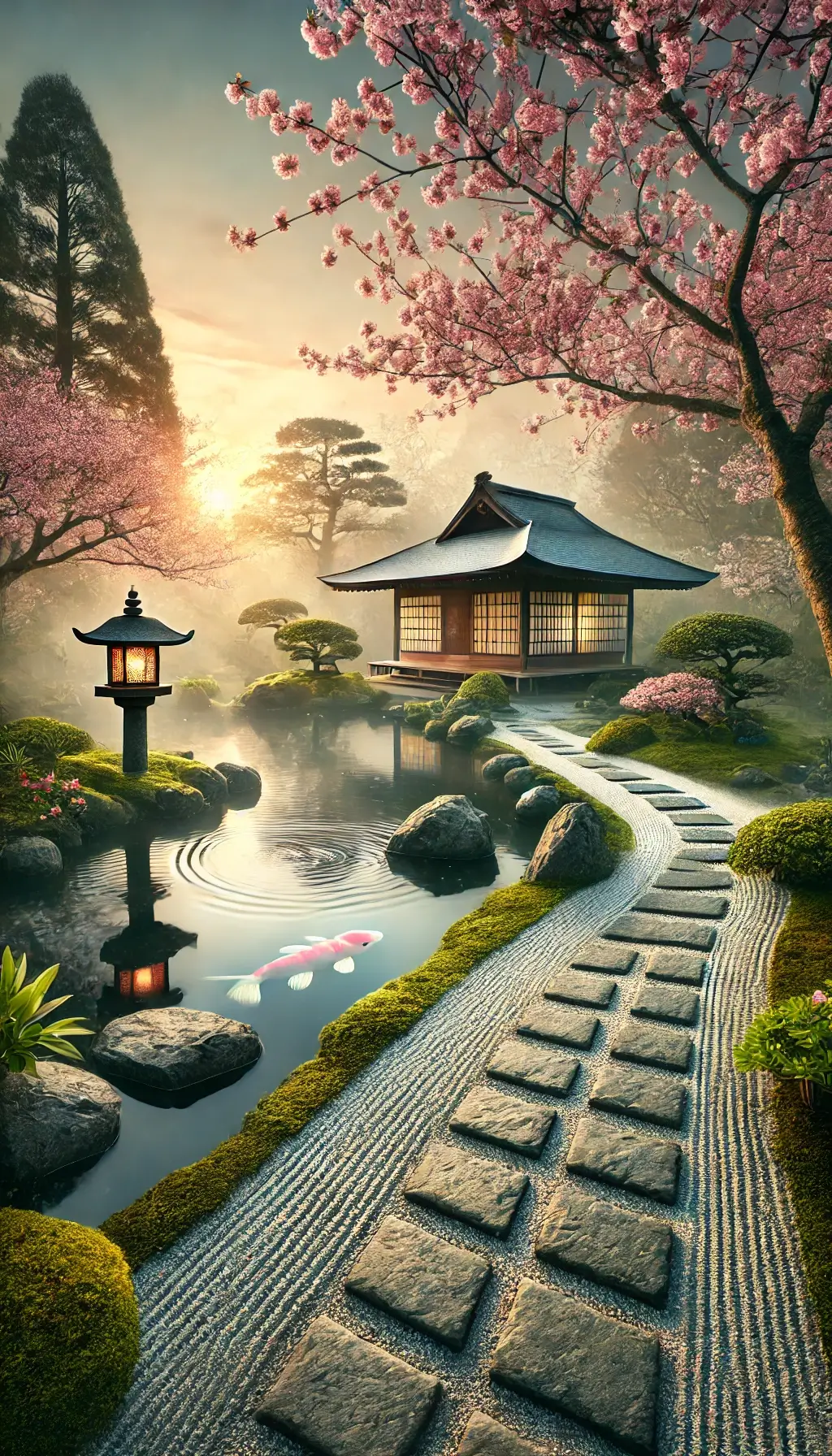 Japanese Zen Garden at Dawn with Cherry Blossoms and Koi Pond