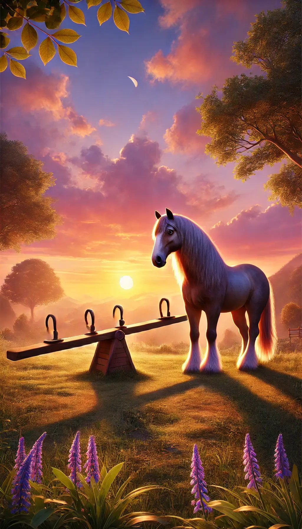 Majestic Horse Near Seesaw in Beautiful Nature at Sunset