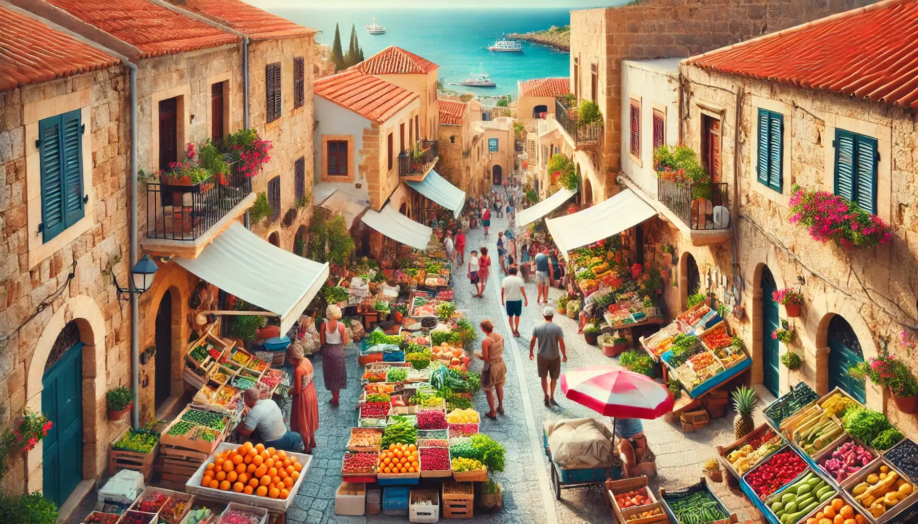 Mediterranean Street Market in Coastal Town with Boats