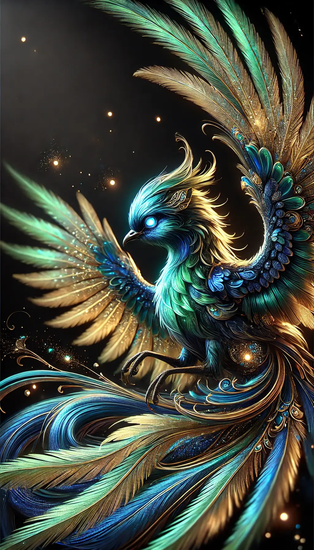 Mystical Fantasy Bird with Glowing Feathers on Black Background Wallpaper