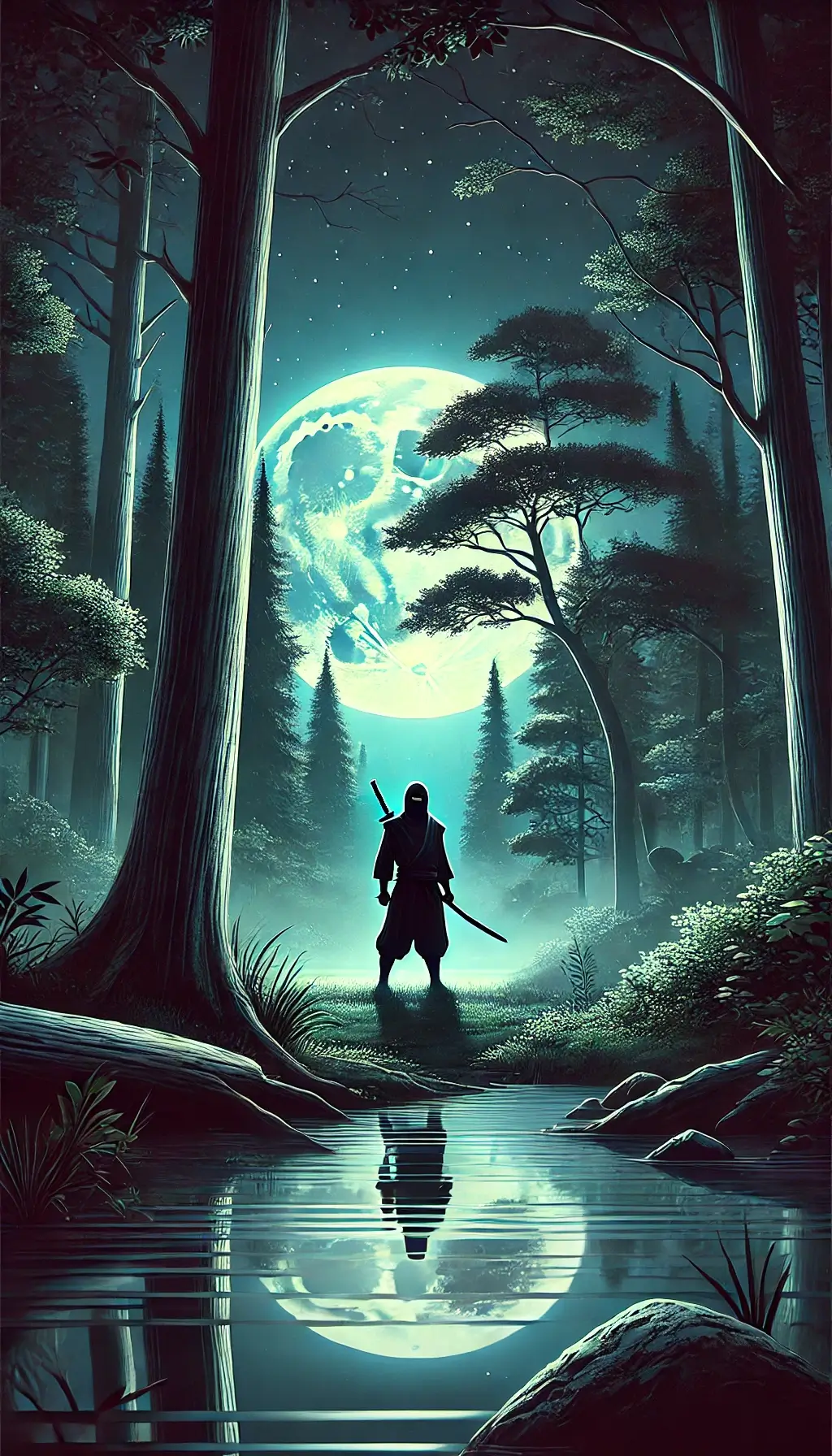 Night Ninja Mystical Forest Moonlight Scene