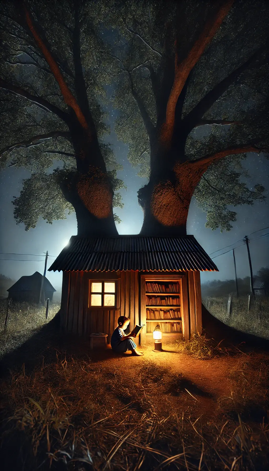 Night Scene of Boy Reading in Rustic Home with Lamp Light