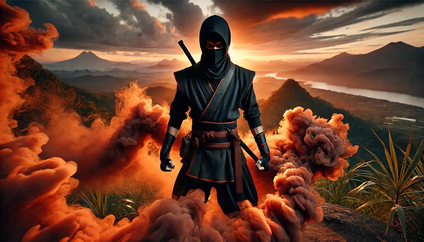 Ninja in Dark Orange Smoke HD Wallpaper 4K Mountain View