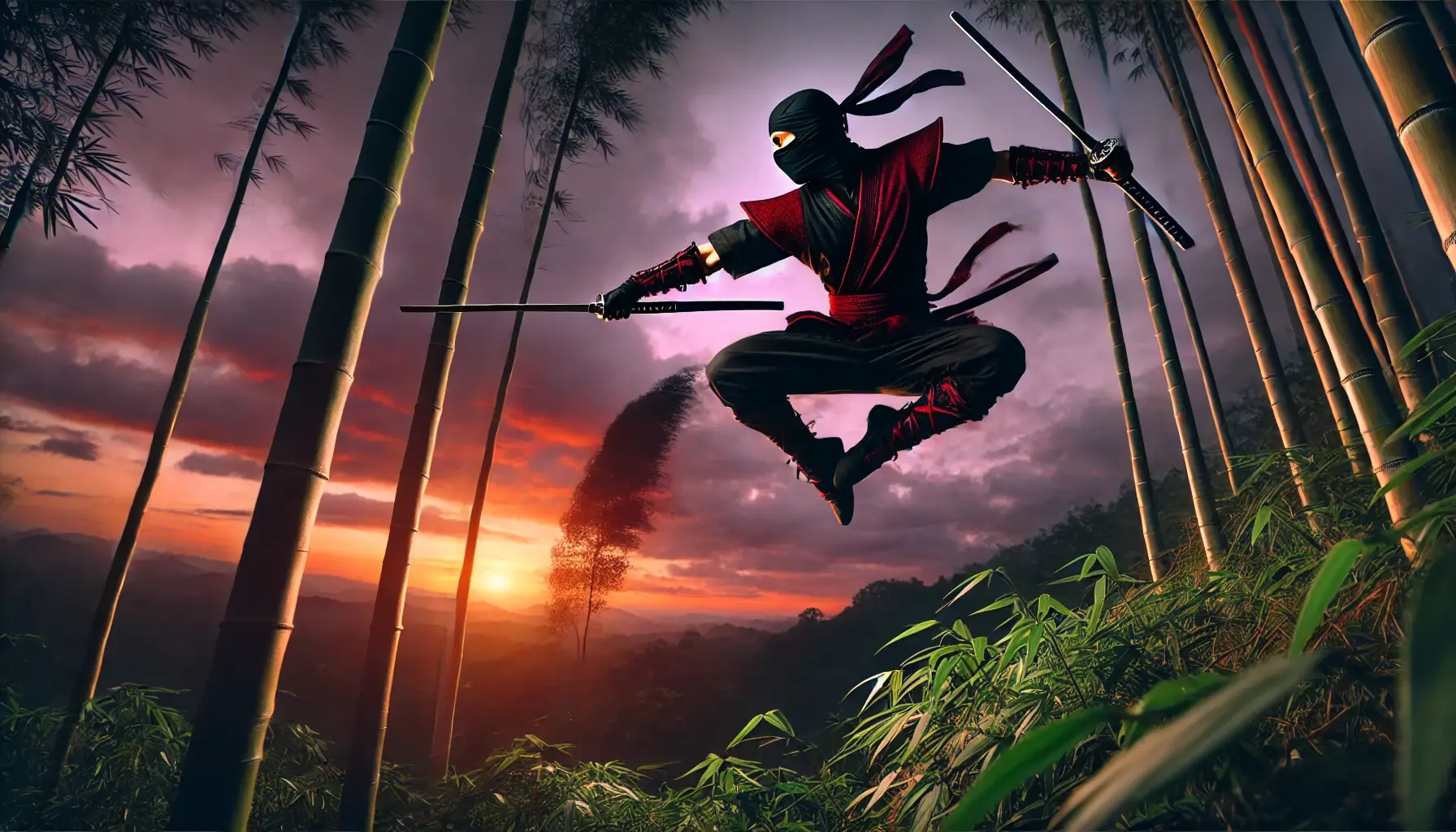 Ninja Leaping in Bamboo Forest at Sunset