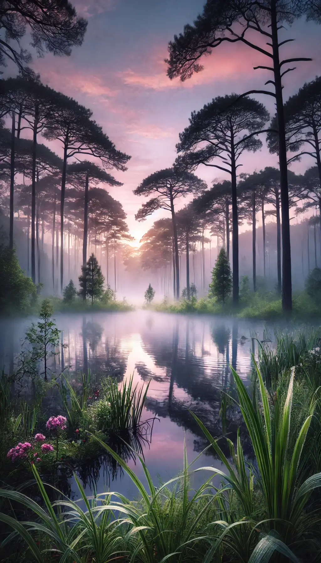 Peaceful Forest Lake at Dawn with Wildflowers and Morning Mist