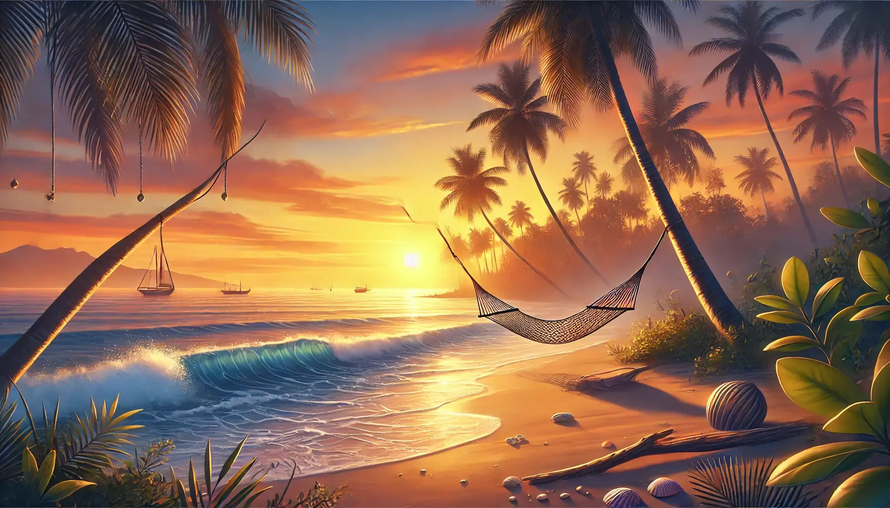 Peaceful Tropical Beach Sunset with Hammock