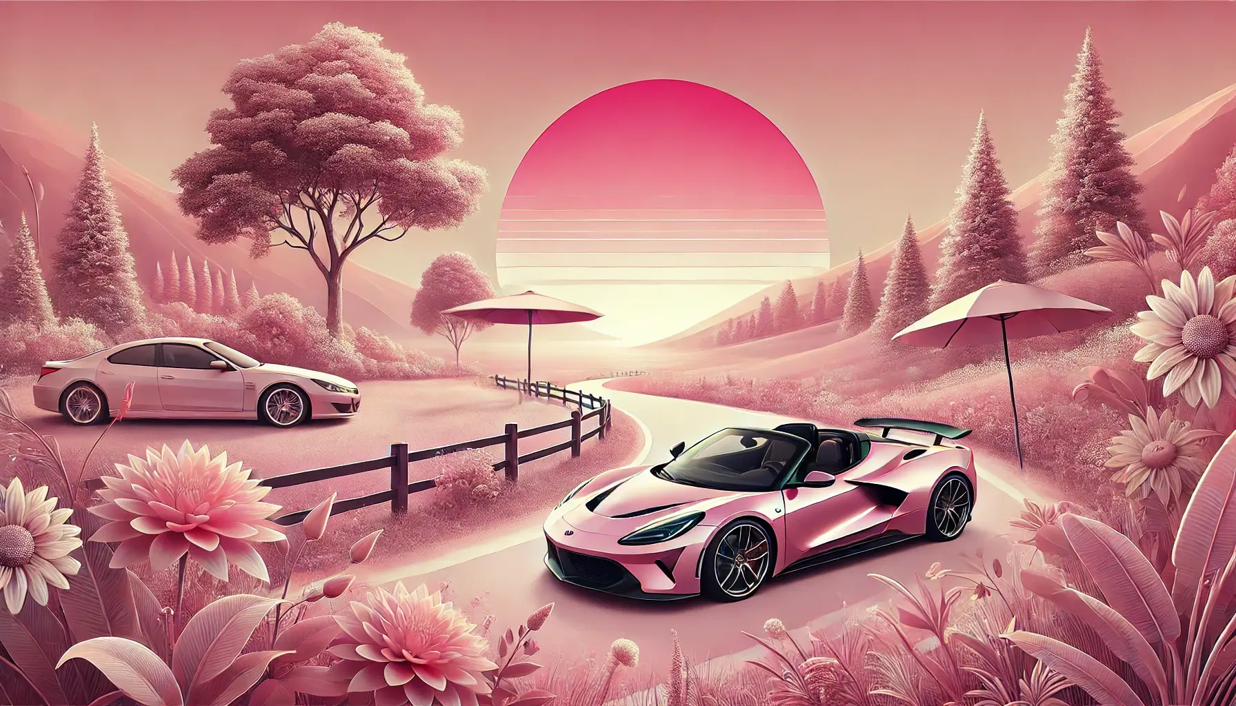 Pink Sports Car at Sunset in Nature