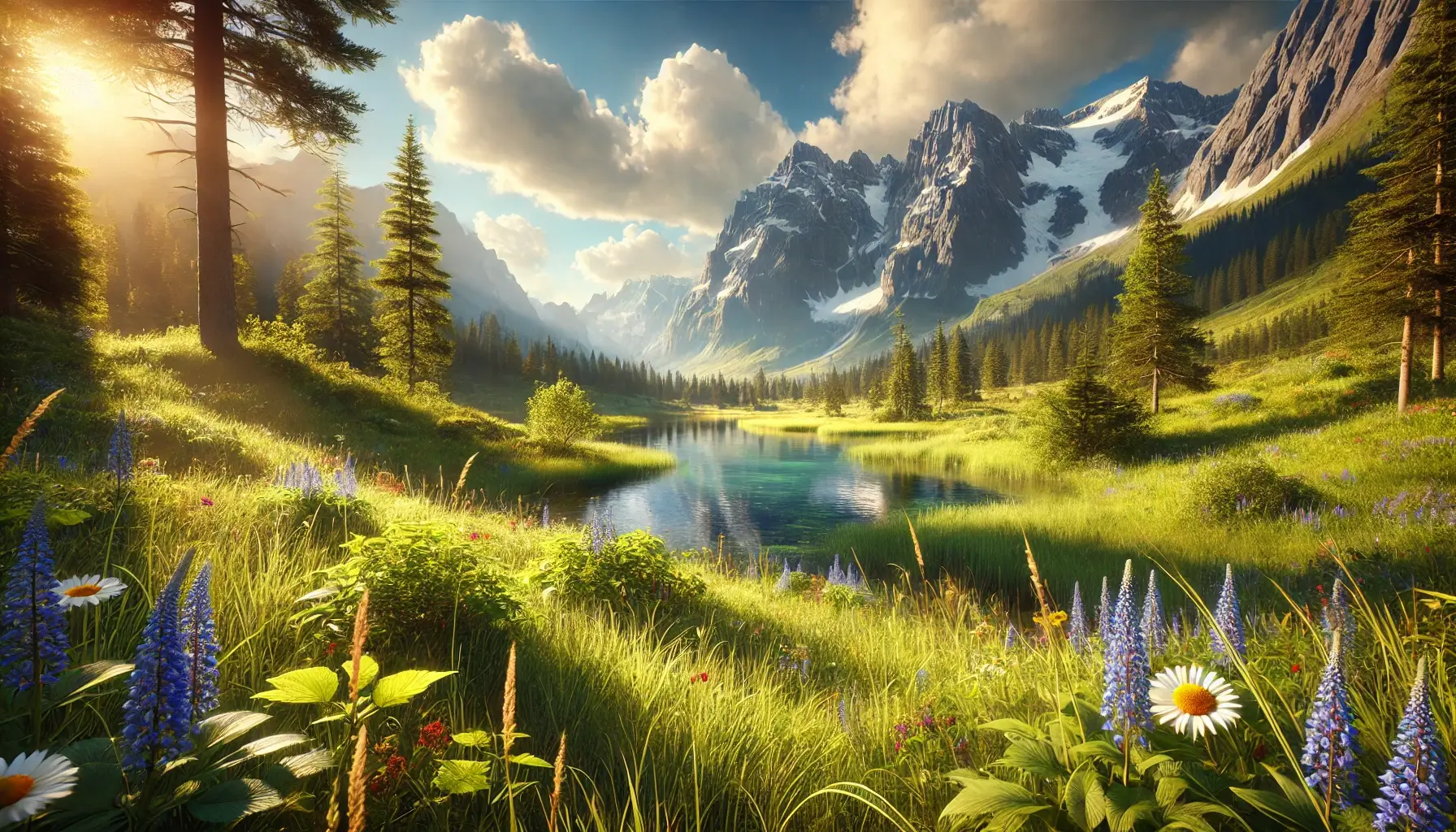 Realistic Nature Landscape Mountains Lake Meadow